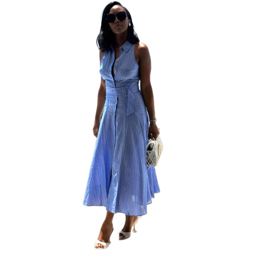 ZARA Striped Lapel Single Breasted Sleeveless Belted Bodycon African Maxi Dress